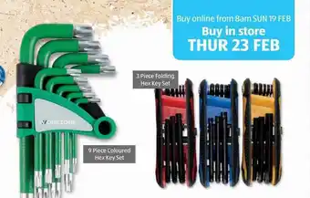 3 piece folding hex key set, 9 piece coloured hex key set