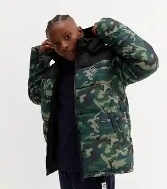 New Look New look boys green camo colour block hooded puffer jacket offer