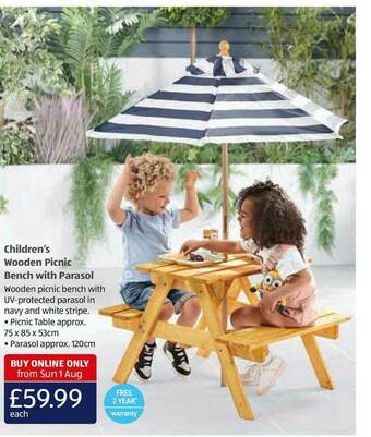 Aldi Children's Wooden Picnic Bench With Parasol offer