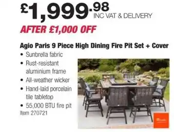 Costco Agio paris 9 piece high dining fire pit set + cover offer