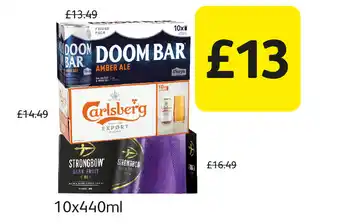Londis Doom bar amble ale, carlsberg export, strongbow dark fruit cider offer