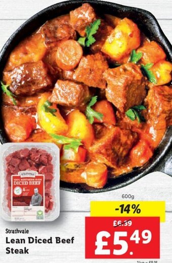 Lidl Strathvale Lean Diced Beef Steak 600g offer