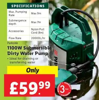 Lidl Parkside 1100W Submersible Dirty Water Pump offer