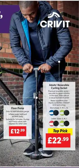 Lidl Floor pump, adults' reversible cycling jacket offer