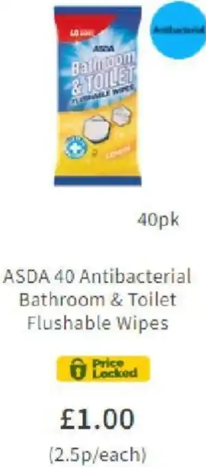 Asda ASDA 40 Antibacrterial Bathroom & Toilet Flushable Wipes offer