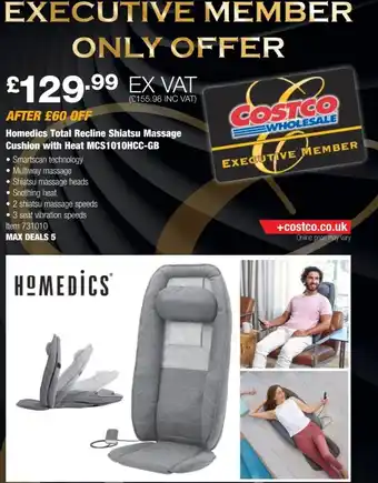 Homedics Total Recline Shiatsu Massage Cushion with Heat MCS1010HCC GB offer at Costco