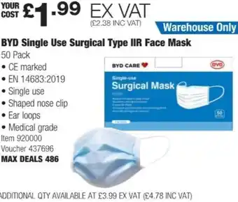Costco BYD Single Use Surgical Type IIR Face Mask 50 Pack offer