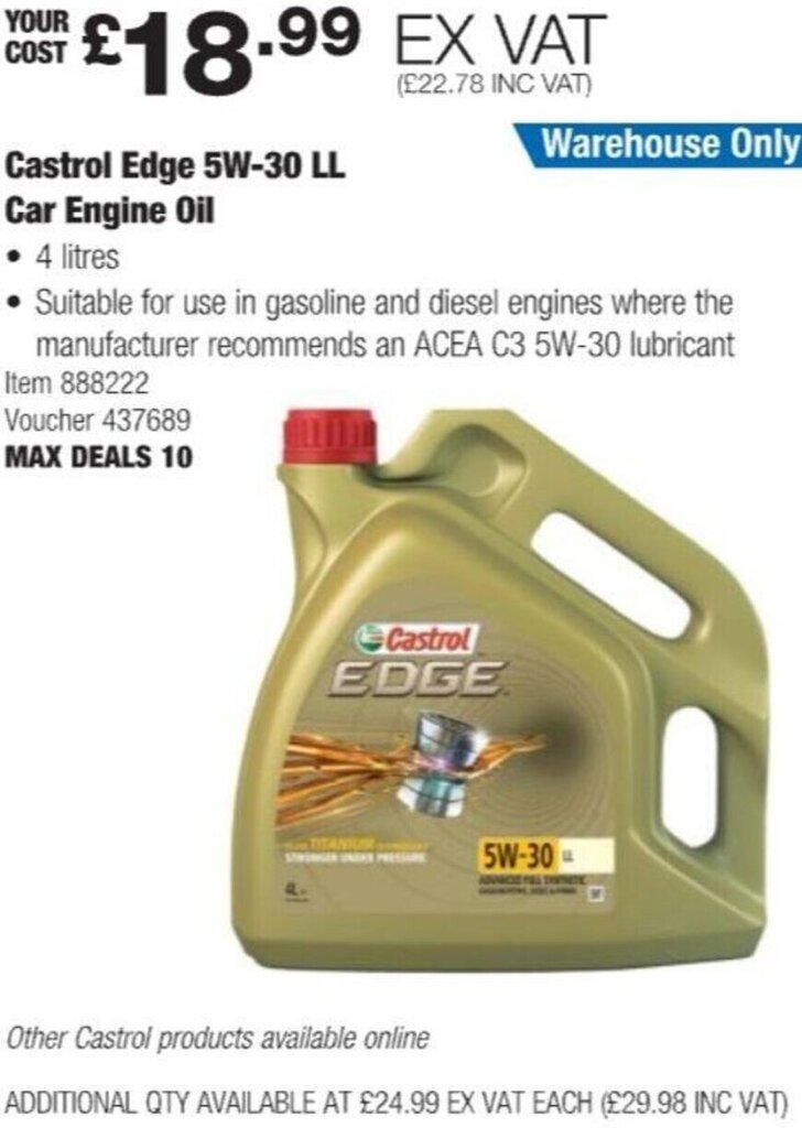 Castrol Edge 5W30 LL Car Engine Oil 4 Litres offer at Costco