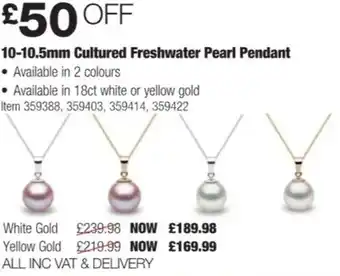 Costco 10-10.5mm Cultured Freshwater Pearl Pendant Yellow Gold offer