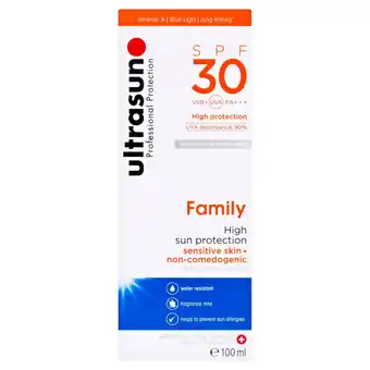 Tesco Ultrasun spf30 family sensitive sun protection 100ml offer