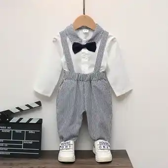 Patpat Patpat 2pcs baby boy gentleman bow tie front long-sleeve shirt and pinstriped suspender pants set offer