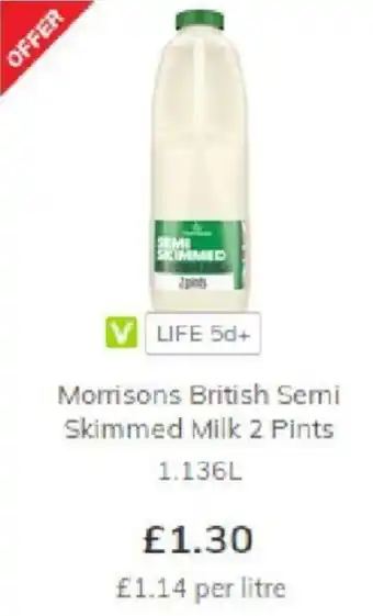 Morrisons Morrisons British Semi Skimmed Milk 2 Pints 1.136L offer
