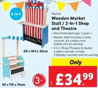 Lidl Playtive Wooden Market Stall/ 2-in-1 Shop and Theatre 62x115x34cm, 60x103x34cm offer