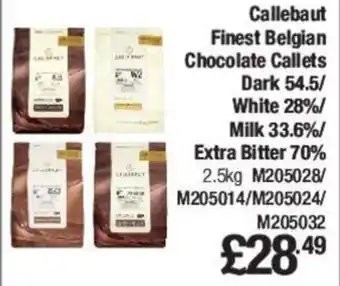 Makro Callebaut Finest Belgian Chocolate Callets Dark 54.5/White 28%/Milk 33.6% Extra Bitter 70% 2.5kg offer
