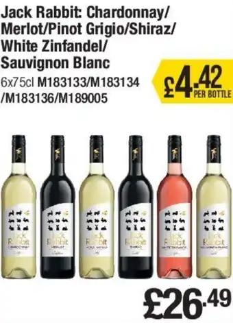 Makro Jack Rabbit: Chardonnay/Merlot/ Pinot grigio/ Shiraz/ White Zinfandel/Sauvignon Blanc 6x75cl offer
