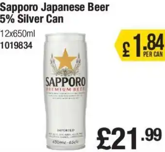 Makro Sapporo Japanese Beer 5% Silver Can 12x650ml offer