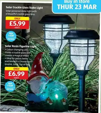 Aldi Solar crackle glass stake light, solar resin figurine light offer