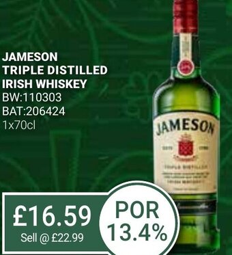 Bestway Jameson Triple Distilled Irish Whiskey 1x70cl offer