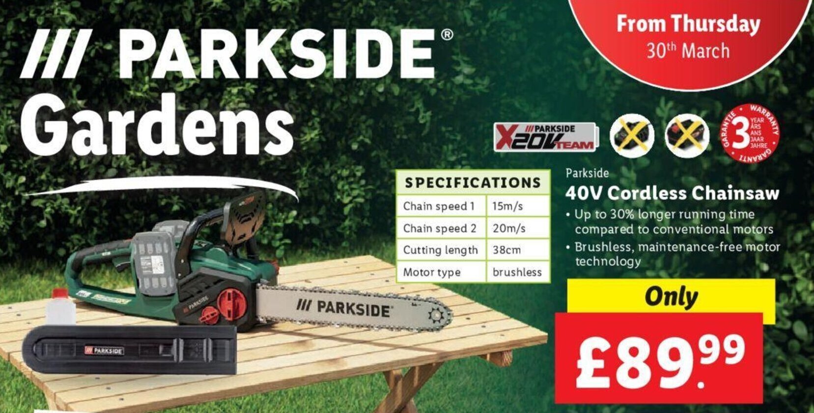 Parkside 40V Cordless Chainsaw offer at Lidl
