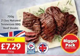 Aldi 700g 21 Day Matured Tennessee BBQ Beef Steaks offer