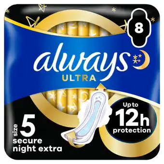 Asda Always sanitary towels secure night (size 5) wings 8 pads offer
