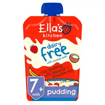 Asda Ella's kitchen organic dairy free rice pudding with bananas and strawberries baby food pouch 7+ months offer