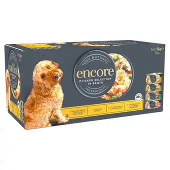 Morrisons Encore dog tins, chicken selection in broth offer