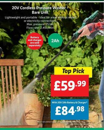 Lidl 20v cordless pressure washer - bare unit offer