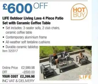 Costco Life outdoor living lava 4 piece patio set with ceramic coffee table offer