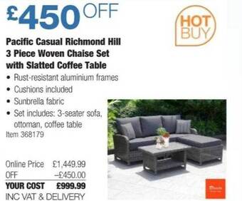Costco Pacific casual richmond hill 3 piece woven chaise set with slatted coffee table offer