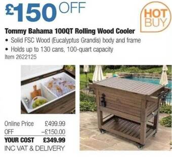 Costco Tommy bahama 100qt rolling wood cooler offer