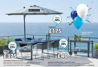 JYSK Trondheim hanging parasol, kopervik garden table + sandved chair offer