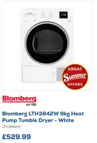 Euronics Blomberg LTH3842W 8kg Heat Pump Tumble Dryer- White offer