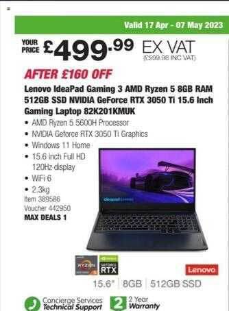 Costco Lenovo ideapad gaming 3 amd ryzen 5 8gb ram 512gb ssd nvidia geforce rtx 3050 ti 15.6 inch gaming laptop 82k201kmuk offer