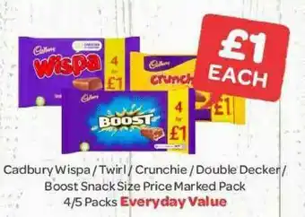 Spar Cadbury Wispa - Twirl - Crunchie - Double Decker - Boost Snack Size Price Marked Pack 4-5 Packs offer
