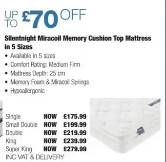 Costco Silentnight Miracoil Memory Cushion Top Mattress in 5 Sizes Small Double offer
