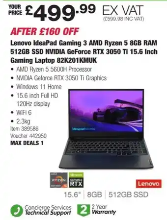 Costco Lenovo IdeaPad Gaming 3 AMD Ryzen 5 8GB RAM 512GB SSD NVIDIA GeForce RTX 3050 Ti 15.6 Inch Gaming Laptop 82K201KMUK offer