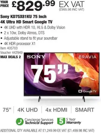Costco Sony KD75X81KU 75 Inch 4K Ultra HD smart Google TV offer