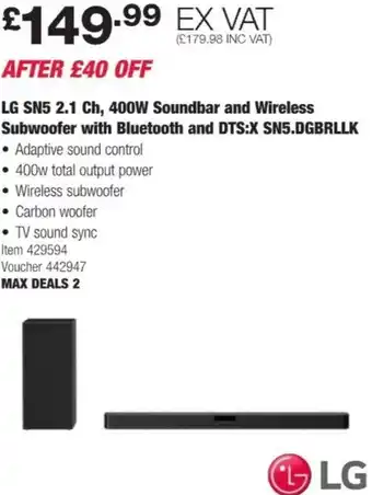Costco LG SN5 2.1 Ch, 400W Soundbar and Wireless Sybwoofer with Bluetooth and DTS:X SN5.DGBRLLK offer