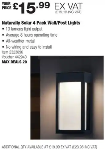 Costco Naturally Solar 4 Pack Wall/Post Lights offer