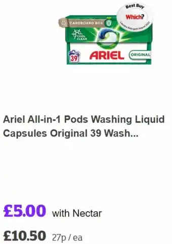Sainsbury's Ariel All-in-1 Pods Washing Liquid Capsules Original 39 Wash offer