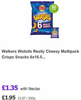Sainsbury's Walkers Wotsits Really Cheesy Multipack Crisps Snacks 6x16.5 offer