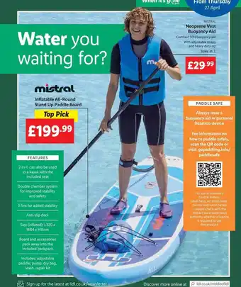 Lidl Mistral inflatable all-round stand up paddle board, mistral neoprene vest buoyancy aid offer