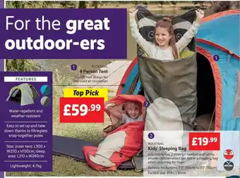 Lidl Rocktrail 4 person tent, kids' sleeping bag offer