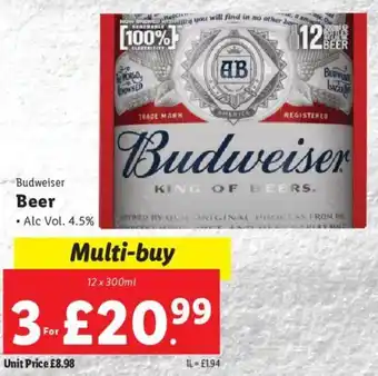 Lidl Beer Budweiser 12 x 300 ml offer