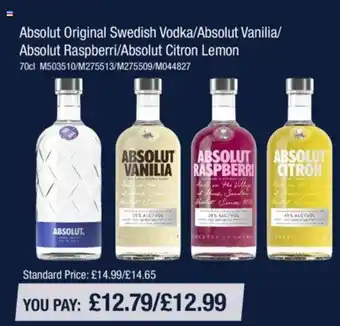 Makro Absolut Original Swedish Vodka/Absolut Vanilia Absolut Raspberri/Absolut Citron Lemon / 70cl offer
