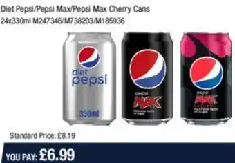 Makro Diet Pepsi/Pepsi Max/Pepsi Max Cherry Cans 24x330ml M247346/M738203/M185936 offer