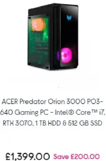 Currys PC World ACER Predator Orion 3000 PO3-640 Gaming PC - Intel® Core™ i7, RTX 3070, 1TB HDD & 512 GB SSD offer