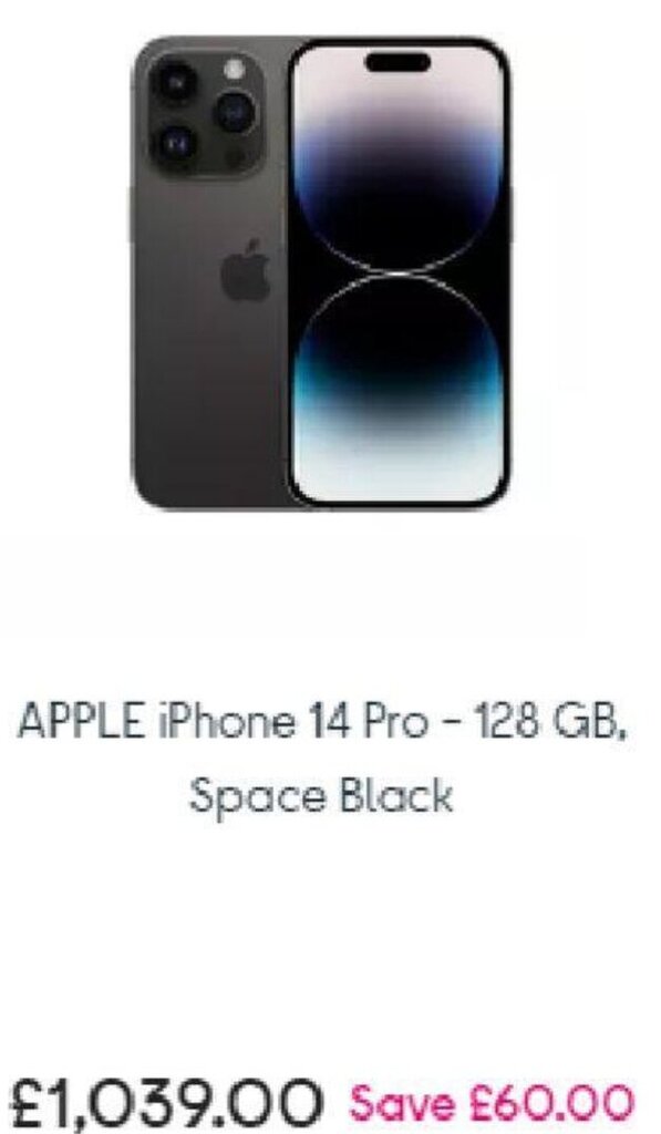 APPLE iPhone 14 Pro 128 GB, Space Black offer at Currys PC World