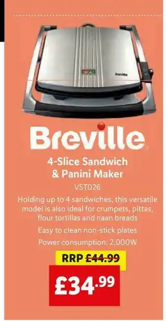 Lidl Breville 4-Slice Sandwich & Panini Maker offer